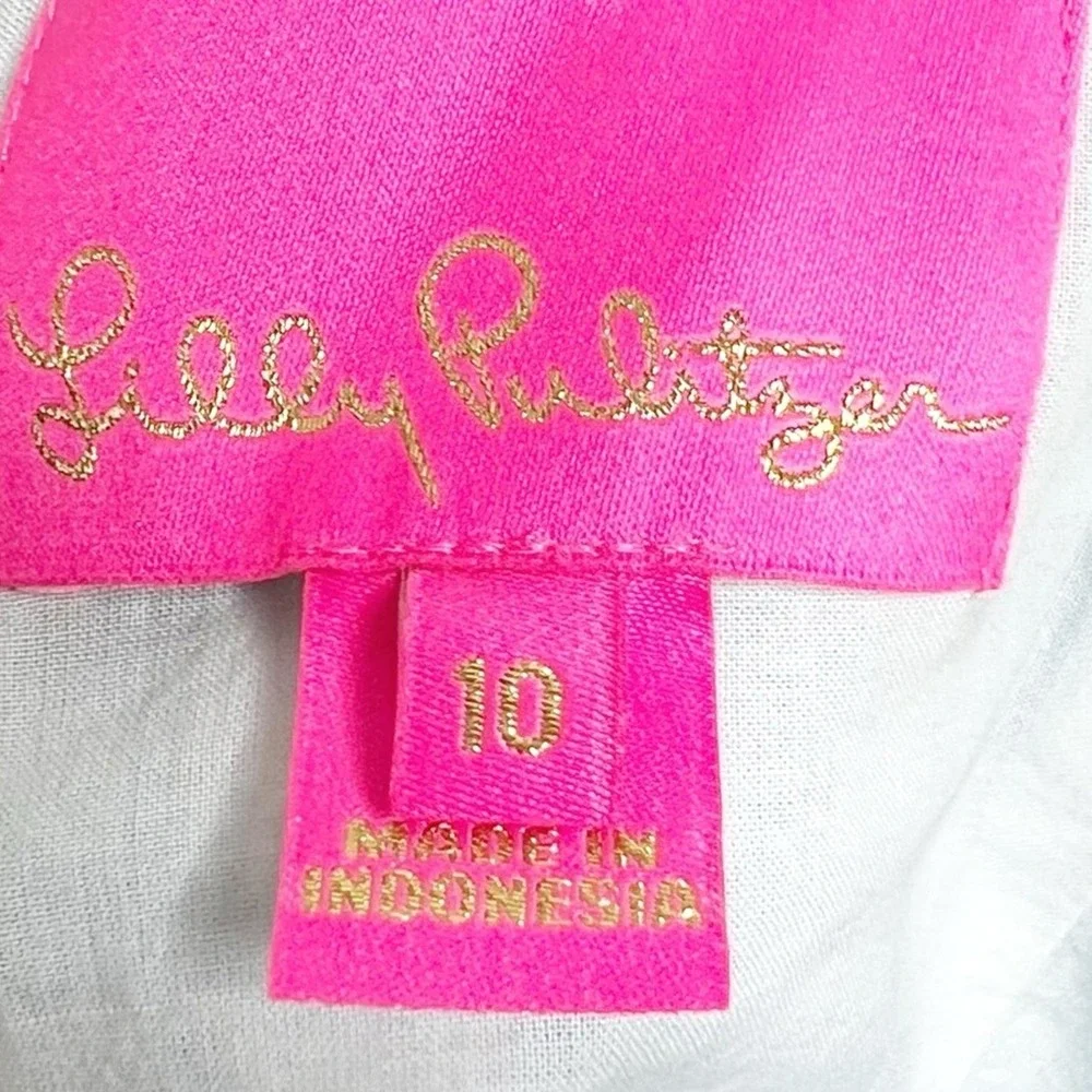 Lilly Pulitzer Blue White Gingham Check Puff Sleeve Tie Front Peplum Top Size 10